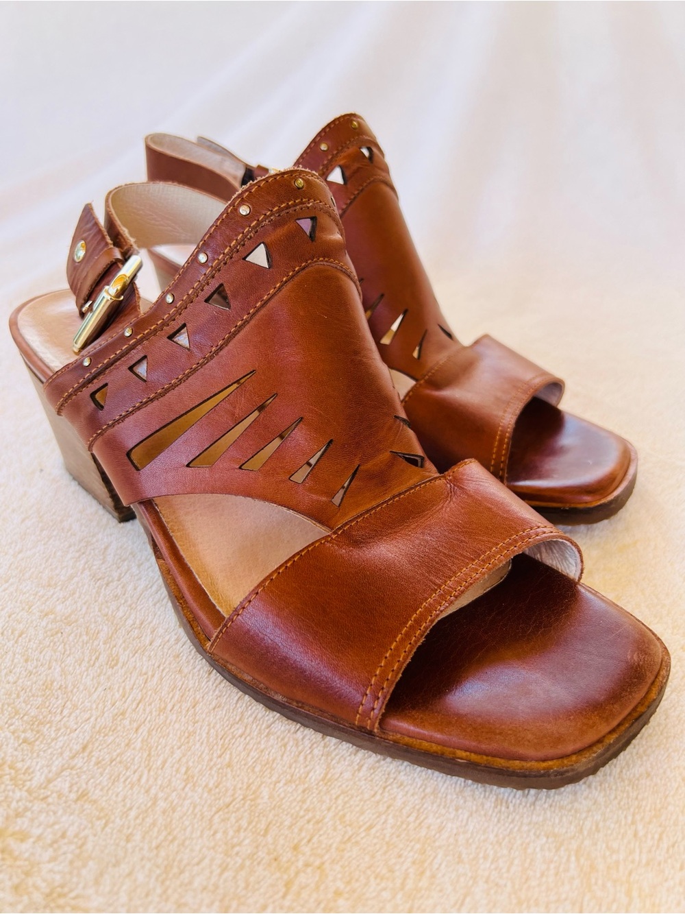 Pikolinos Brown Leather Slingback Heeled Sandals Geometric Cutouts Size 8 - Picture 2 of 9